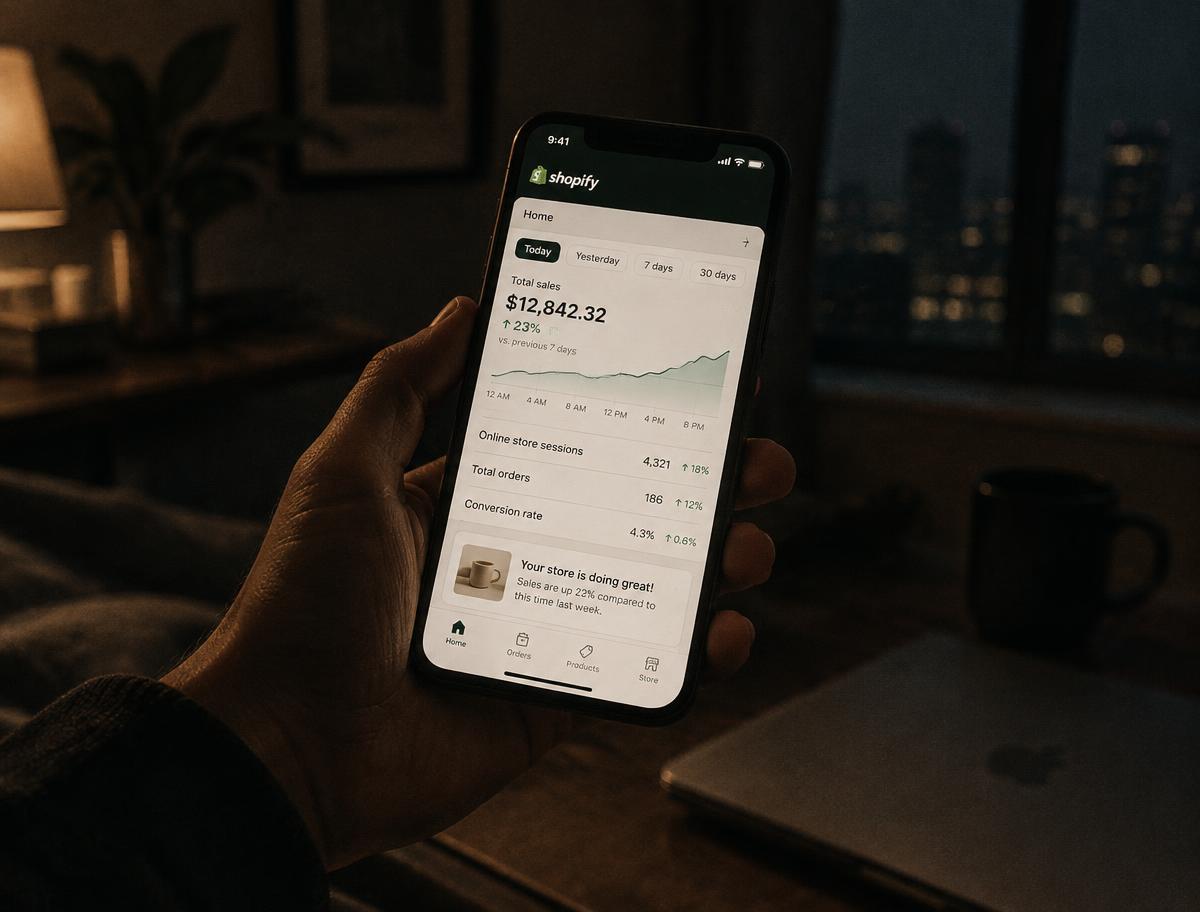 Shopify-Dashboard auf einem Smartphone bei Nacht