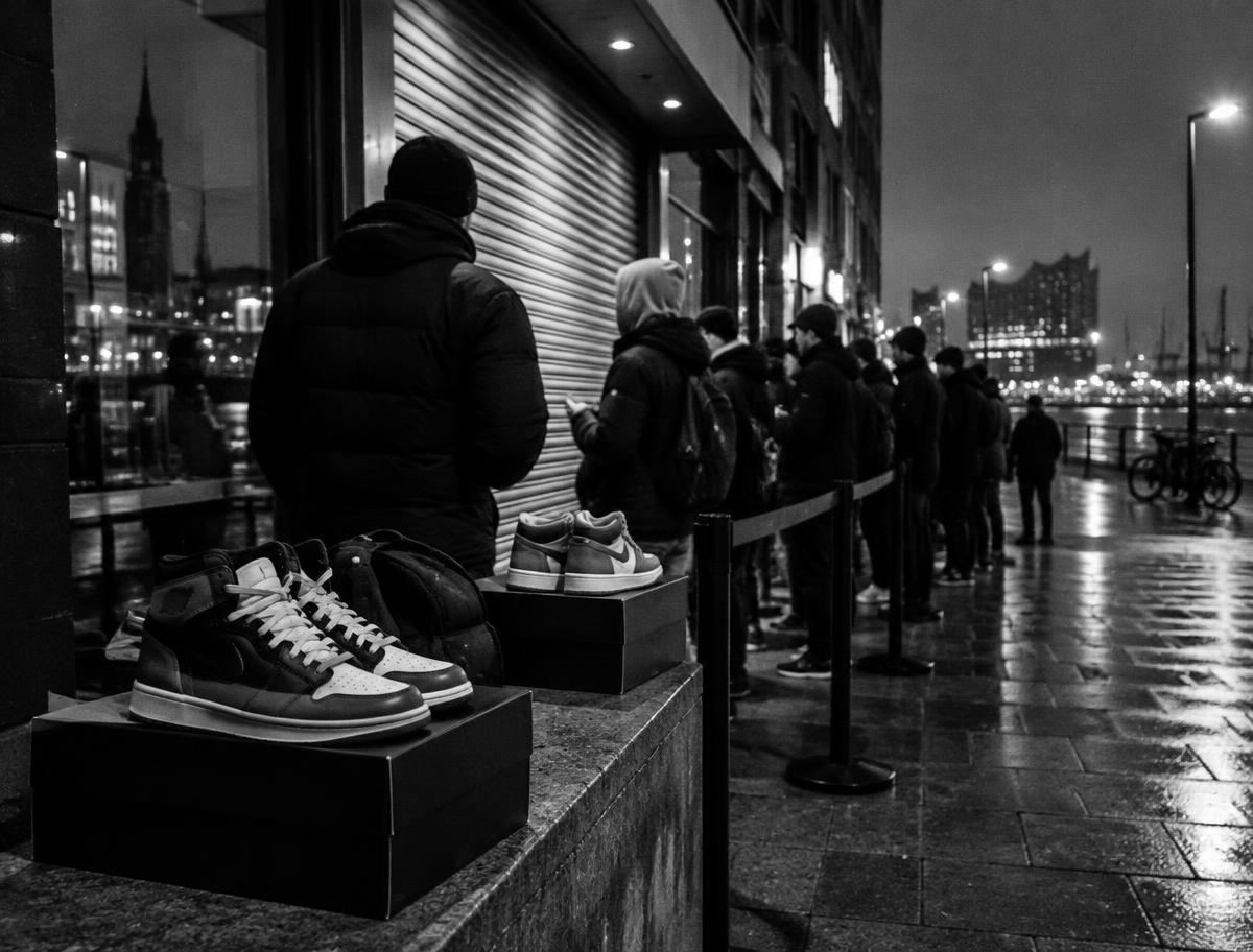 Sneaker vor einem geschlossenen Store bei Nacht